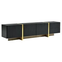 Luxury Fluted TV Stand with Storage Cabinets & Drawers, Smooth Media Console with Golden Wood Grain Legs, 75" L x 14" W x 18" H, Black(m-2)