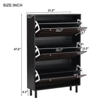 Minimalist Slim Shoe Cabinet with Hanging Hooks, 3 Flip Drawers, Adjustable Shelves, and Large Storage Capacity, 31.5" L x 9.5" W x 48" H, Black(m-3)