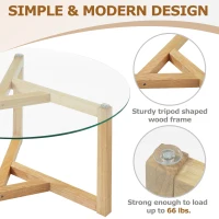 Round Coffee Table with Tempered Glass Top and Sturdy Wood Base, Modern Cocktail Table, Easy Assembly, 35.5" L x 35.5" W x 17.5" H, Natural(m-7)