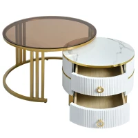 Stackable Coffee Table Set with 2 Drawers, Nesting Tables with Tempered Glass and High Gloss Marble Tabletop, Table for Living Room, Golden White(m-12)