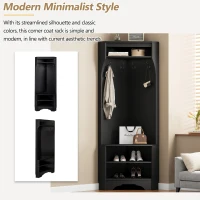 Minimalist Corner Hall Tree with Shoe Bench, 4 Hooks and Adjustable Shelf, Versatile Entryway Coat Rack Stand, 29.5" L x 18" W x 71.5" H, Black(m-5)