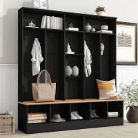 Vinsetto Wide Hall Tree with Storage Bench, Cube Storage, Shelves and 8 Hooks, Multifunctional Coat Rack, Shoe Cabinet, 67" L x 15" W x 72" H, Black(m-1)