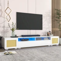 Vinsetto Modern TV Stand Fits TVs Up to 90" with Push to Open Doors, LED Lights, Rattan Style Entertainment Center, 82.5" L x 15.5" W x 14" H, White(m-1)