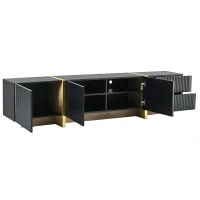 Luxury Fluted TV Stand with Storage Cabinets & Drawers, Smooth Media Console with Golden Wood Grain Legs, 75" L x 14" W x 18" H, Black(m-12)