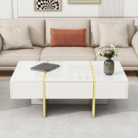 Minimalist High Gloss Coffee Table with 2 Drawers, Storage Rectangle Sofa Table, with Golden Wood Legs, 47" L x 31.5" W x 15.5" H, White(m-4)