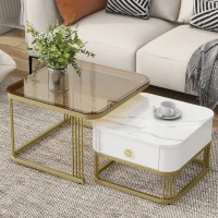 Nesting Coffee Table Set of 2 with Drawer, Square Stacking Tables with Tempered Glass and Marble Grain Tabletop for Living Room, White+Gold(m-4)