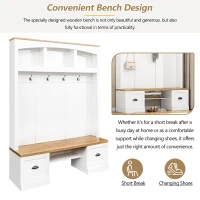 Farmhouse 4-in-1 Hall Tree with Bench and Adjustable Shelves, Multifunctional Storage Coat Rack with Hooks, 55" L x 16.5" W x 73.5" H, White(m-7)