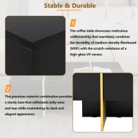 Minimalist High Gloss Coffee Table with 2 Drawers, Storage Rectangle Sofa Table, with Golden Wood Legs, 47" L x 31.5" W x 15.5" H, Black(m-8)
