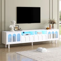 Vinsetto TV Stand with LED Light Strip for TVs Up to 80", Entertainment Center with Glass Doors, Cable Management, 71" L x 12" W x 19" H, White(m-1)