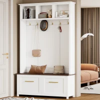 Vinsetto Versatile 4-in-1 Hall Tree with 6 Hooks, Wood Grain Bench, Multiple Storage, and 2 Drawers, 47" L x 15.5" W x 76.5" H, White(m-4)