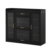 Vinsetto Modernist Side Storage Cabinets with 4 Glass Doors & 3 Hooks, Freestanding Shoe Rack with Adjustable Shelves, Gold Handles, Black(m-13)