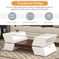 Glass-Top Coffee Table with Open Shelves and Cabinets, Geometric Style, 2-Tier Center Table for Living Room, 45" L x 22" W x 15" H, White(m-6)