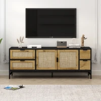 Vinsetto Elegant Rattan TV Stand for TVs up to 65", Boho Style Media Console with Adjustable Shelves, Cable Management, Steel Gray(m-4)