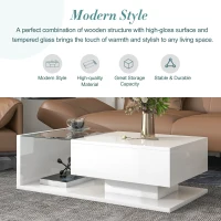 Modern Coffee Table with Tempered Glass, Wooden Cocktail Table with High-Gloss UV Surface, 2-Tier Rectangle Center Table for Living Room, White(m-5)