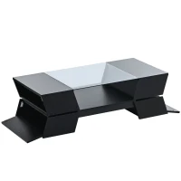 Vinsetto Glass-Top Coffee Table with Open Shelves and Cabinets, Geometric Style, 2-Tier Center Table for Living Room, 45" L x 22" W x 15" H, Black(m-13)