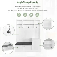 Vinsetto Elegant Hall Tree with Bench and Cushion, Modern Coat Rack with Hooks, Shoe Cabinet Storage, 59" L x 15.5" W x 78.5" H, White(m-9)