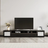 Vinsetto Modern TV Stand Fits TVs Up to 90" with Push to Open Doors, LED Lights, Rattan Style Entertainment Center, 82.5" L x 15.5" W x 14" H, Black(m-4)