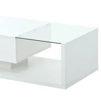 Modern Coffee Table with Tempered Glass, Wooden Cocktail Table with High-Gloss UV Surface, 2-Tier Rectangle Center Table for Living Room, White(m-10)