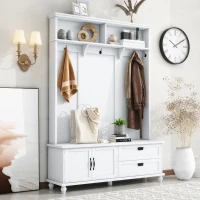 Modern Hall Tree with Storage Cabinet and 2 Large Drawers, Wide Mudroom Bench with 5 Coat Hooks, 59" L x 16" W x 80.5" H, White(m-1)