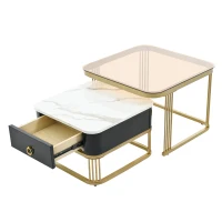 Nesting Coffee Table Set of 2 with Drawer, Brown Tempered Glass and High Gloss Marble Grain Tabletop, 24" W x 24" D x 16.5" H, Black+Gold(m-2)