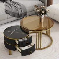Stackable Coffee Table Set with 2 Drawers, Nesting Tables with Tempered Glass and High Gloss Marble Tabletop, Table for Living Room, Golden Black(m-1)