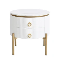 Vinsetto Round End Table with Storage Drawers, Modern Coffee Table with Faux Marble Top, Metal Legs and Handles, White+Gold(m-2)