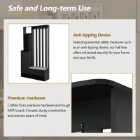 Contemporary Hall Tree with Cushioned Storage Bench, Multifunctional Coat Rack Stand, with Pegboard and 4 Hooks, 39.5" L x 12" W x 71" H, Black(m-8)