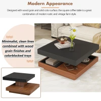 Square 360° Rotating Wood Coffee Table with 3 Detachable Trays, Storage Table for Living Room, 27.5" L x 27.5" W x 14" H, Black+Dark Walnut(m-5)