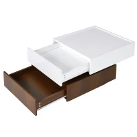 Vinsetto Square 360° Rotating Coffee Table with 2 Drawers, High Gloss 2-Tier Center Table with Swivel Tabletop and Storage, White+Walnut(m-13)