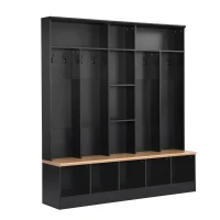 Vinsetto Wide Hall Tree with Storage Bench, Cube Storage, Shelves and 8 Hooks, Multifunctional Coat Rack, Shoe Cabinet, 67" L x 15" W x 72" H, Black(m-12)