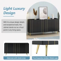 Storage Shoe Cabinet with 5 Metal Legs, Gold Lines Doors, Minimalist Sideboard Cabinet, Modern TV Stand, 63" L x 15" W x 31.5" H, Black(m-6)