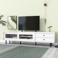Vinsetto Chic Elegant Design TV Stand with Sliding Fluted Glass Doors, Slanted Drawers Media Console for TVs Up to 75", TV Cabinet with Storage Space, White(m-1)
