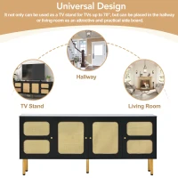 Vinsetto Boho Style TV Stand for TVs Up to 70" with Rattan Door, Media Console Table, Metal Base, Country Style Sideboard, 65" L x 17" W x 28" H, Black(m-7)