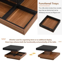 Square 360° Rotating Wood Coffee Table with 3 Detachable Trays, Storage Table for Living Room, 27.5" L x 27.5" W x 14" H, Black+Dark Walnut(m-6)