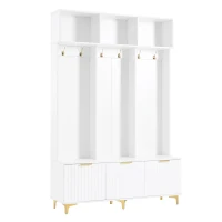Modern Hall Tree with Bench, High Gloss Fluted Doors, 6 Gold Hooks, and Storage Cubbies, 49.5" L x 15.5" W x 75.5" H, White+Gold(m-13)