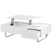Vinsetto Multi-functional Coffee Table with Lifted Tabletop, Contemporary Design, Metal Frame Legs, High-gloss Surface, 45" L x 26.5" W x 14" H, White(m-2)