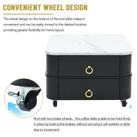 2-in-1 Square Nesting Coffee Table with Wheels & Drawers, High Gloss Marble Grain Top, Tempered Glass, 29" L x 27" W x 16" H, Black+Gold(m-8)