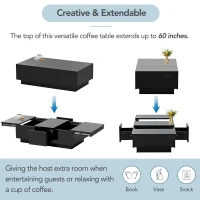 Vinsetto Coffee Table with Hidden Storage, Extendable Cocktail Table with Drawers, Sliding Top for Living Room, 39.5" L x 22" W x 12.5" H, Black(m-7)