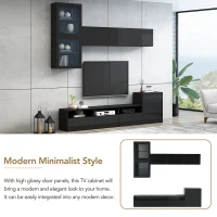 High Gloss TV Stand for TVs Up to 78" with Ample Storage, Media Console, Wall Mounted Floating Cabinets, 93" L x 15" W x 26" H, Black(m-7)