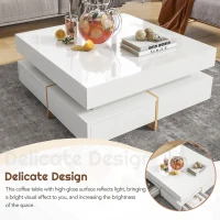 Modern High Gloss Coffee Table with 4 Drawers, Multi-Storage Square Cocktail Tea Table with Wood Grain Legs, 31.5''x31.5'', White(m-5)