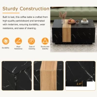 Vinsetto Modern Coffee Table with Faux Marble and Walnut Finish, Rectangular Center Table with 2 Storage Drawers for Living Room, Black(m-7)