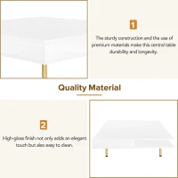 Exquisite High Gloss Coffee Table with 4 Golden Legs, 2 Small Drawers, and 2-Tier Square Design for Living Room, 33.5", White(m-8)