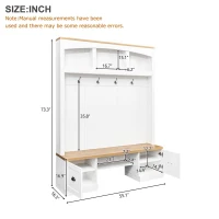 Farmhouse 4-in-1 Hall Tree with Bench and Adjustable Shelves, Multifunctional Storage Coat Rack with Hooks, 55" L x 16.5" W x 73.5" H, White(m-3)