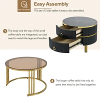 Stackable Coffee Table Set with 2 Drawers, Nesting Tables with Tempered Glass and High Gloss Marble Tabletop, Table for Living Room, Golden Black(m-7)