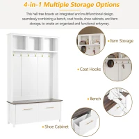 Vinsetto Versatile 4-in-1 Hall Tree with 6 Hooks, Wood Grain Bench, Multiple Storage, and 2 Drawers, 47" L x 15.5" W x 76.5" H, White(m-8)