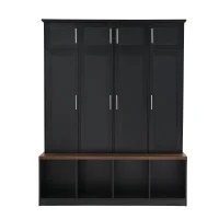 Vinsetto Multi-Functional Hall Tree with 4 Hidden Hanging Hooks, Brown Wood Grain Bench, Multiple Storage Spaces, 59" L x 15.5" W x 75" H, Black(m-2)