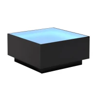 Square High Glossy Coffee Table with 16-Color LED Strip Lights, 0.2'' Glass Top, Modern Center Table for Living Room, 27.5" L x 27.5" W x 14" H, Black(m-13)