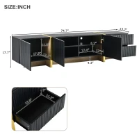 Luxury Fluted TV Stand with Storage Cabinets & Drawers, Smooth Media Console with Golden Wood Grain Legs, 75" L x 14" W x 18" H, Black(m-3)