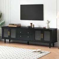 Retro Design TV Stand with Fluted Glass Doors, 2 Drawers and Cabinets, Fits TVs Up to 78", 70" L x 16" W x 22" H, Black(m-1)