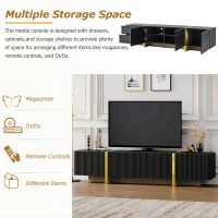 Luxury Fluted TV Stand with Storage Cabinets & Drawers, Smooth Media Console with Golden Wood Grain Legs, 75" L x 14" W x 18" H, Black(m-7)